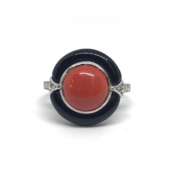Art Deco Coral and Onyx Ring, 1930's