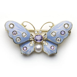 Light Blue Enamel and Diamond Butterfly Brooch