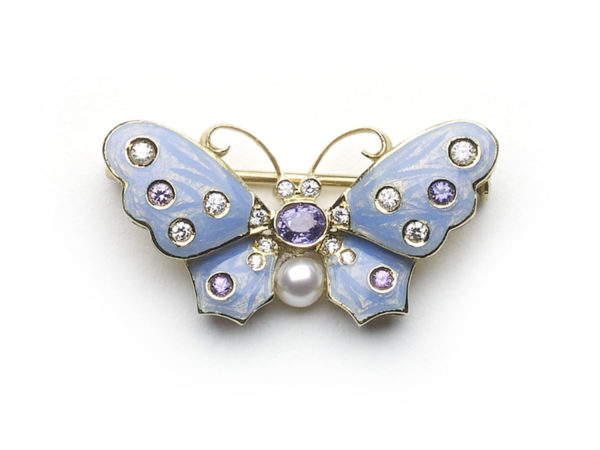 Light Blue Enamel and Diamond Butterfly Brooch
