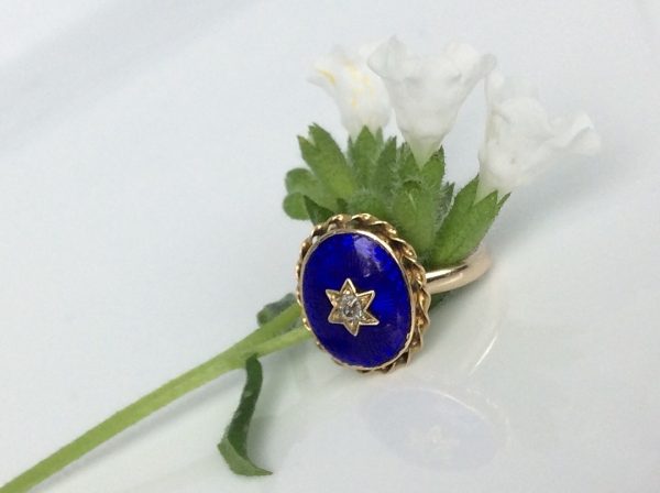 Antique Victorian Blue Enamel and Diamond Gold Ring