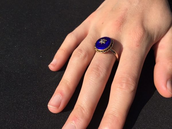 Antique Victorian Blue Enamel and Diamond Gold Ring