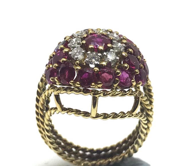 Vintage Ruby Diamond Gold Bombe Ring 1960 1970 burma rope gold