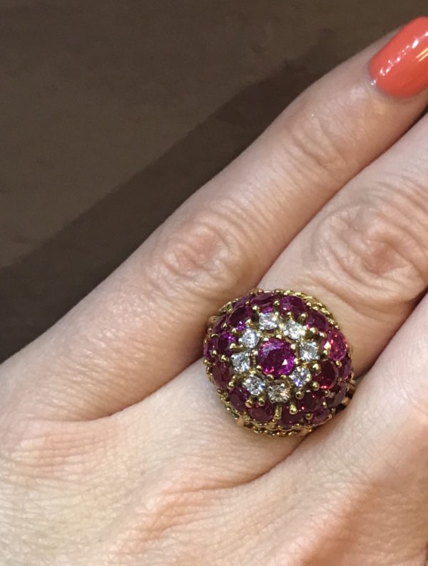 Vintage Ruby Diamond Gold Bombe Ring 1960 1970