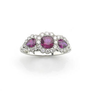 Rubin i diament Platyna trzy kamienie Triple Cluster Ring JULY Birthstone Rubin 