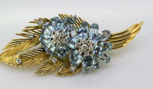 Vintage Aquamarine and Diamond Floral Brooch