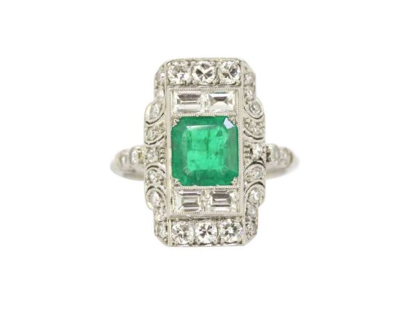 Art Deco emerald ring diamond panel platinum French