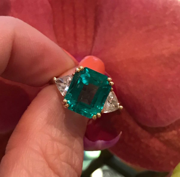 Colombian Emerald and diamond three stone ring