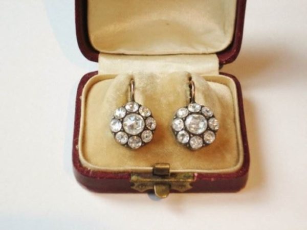 antique diamond cluster earrings rose cut diamonds 1880