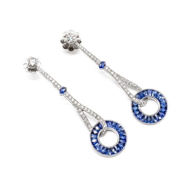 Art Deco Style Sapphire and Diamond Drop Earrings, Platinum