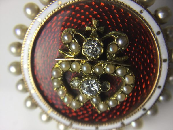 Antique Victorian Enamel, Diamond and Pearl Brooch