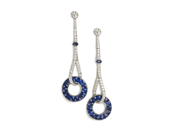 Art Deco style sapphire and diamond drop earrings platinum London Jewellery Discovery