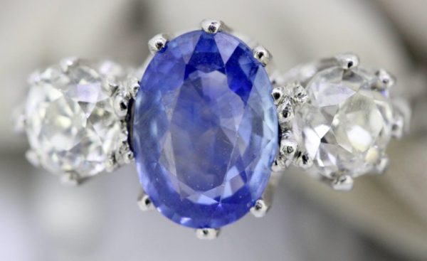 Antique Art Deco Ceylon Sapphire and Diamond Three Stone Ring