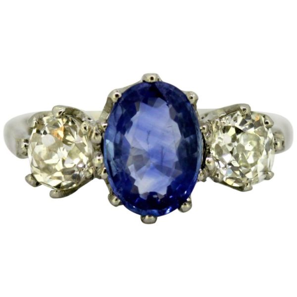 Antique Art Deco Ceylon Sapphire and Diamond Three Stone Ring