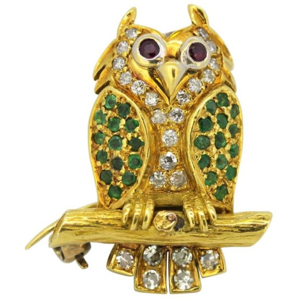 Vintage 18ct Yellow Gold Gem Set Owl Brooch