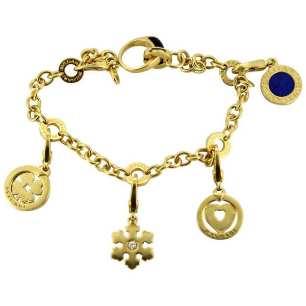 Vintage Bulgari 18K Yellow Gold Charm Bracelet & 5 Charms Heart Star Clover  | Stephen Franks