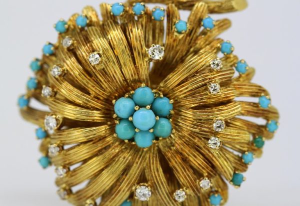 Vintage Turquoise and Diamond Gold Brooch