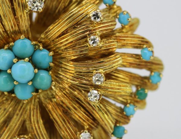 Vintage Turquoise and Diamond Gold Brooch
