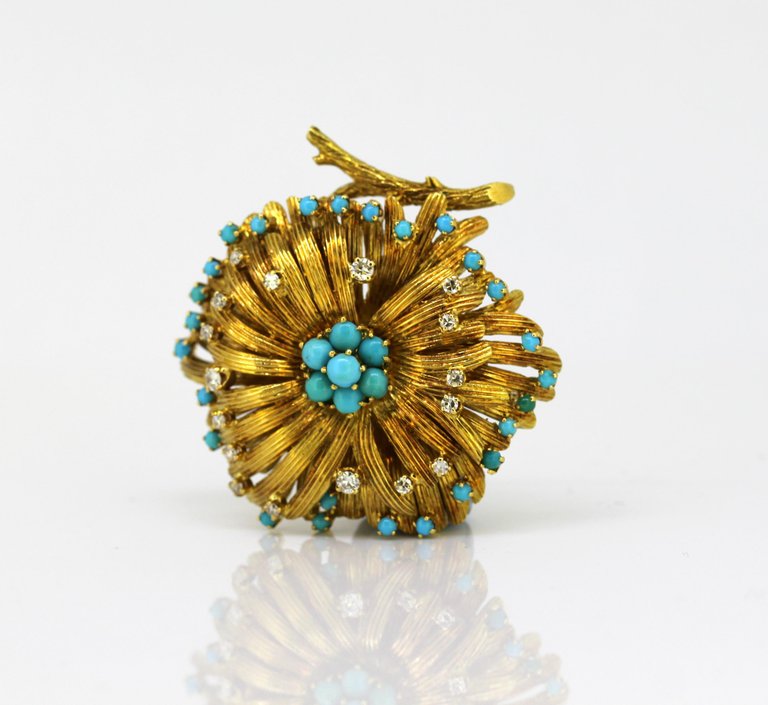 Vintage Turquoise and Diamond Gold Brooch - Jewellery Discovery