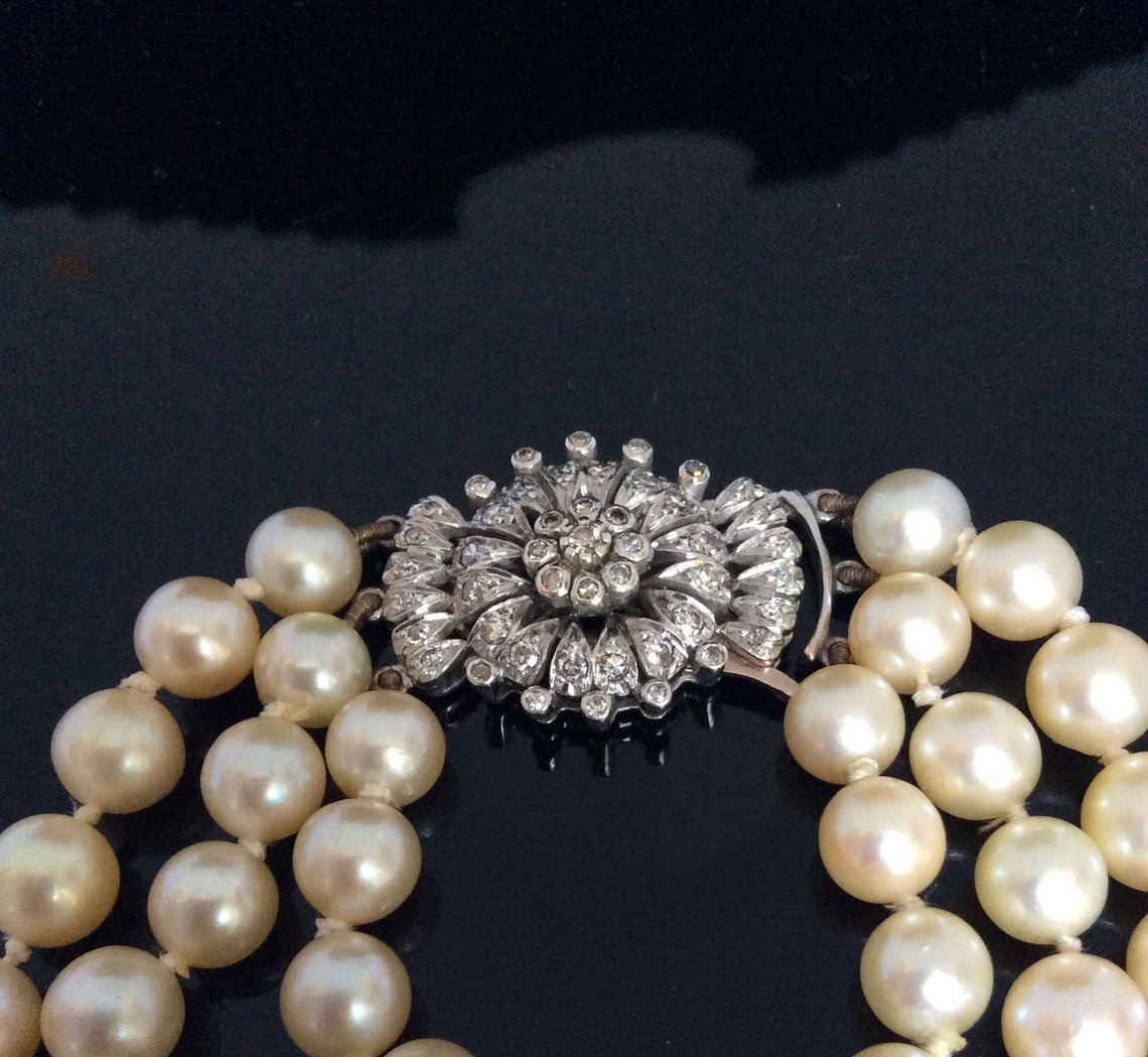Vintage Three Row Pearl and Diamond Collar Necklace - Jewellery Discovery