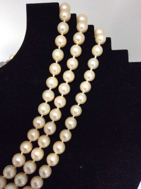 Vintage Three Row Pearl and Diamond Collar Necklace