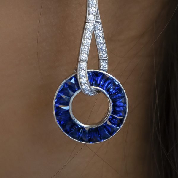 Art Deco Style Sapphire and Diamond Drop Earrings, Platinum