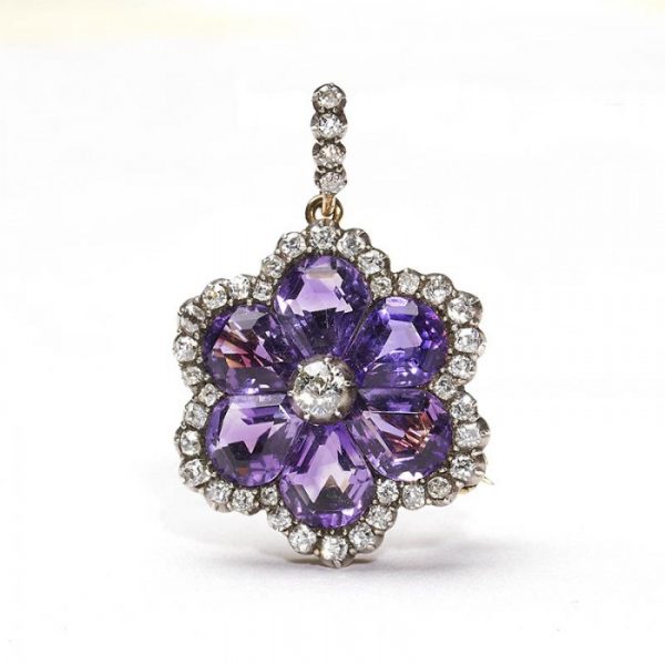 Antique Victorian Amethyst Diamond Flower Pendant Brooch