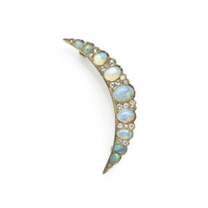 Antique Victorian Opal and Diamond Crescent Brooch October Birthstone 