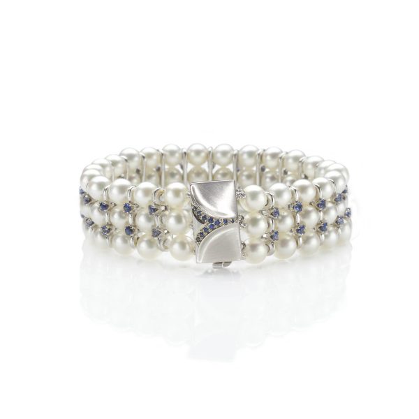 Three Row Pearl and Sapphire Bracelet