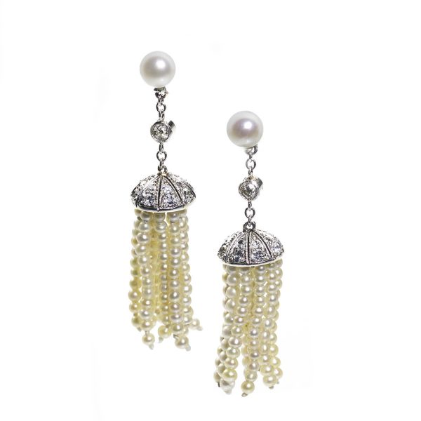 Antique Edwardian Diamond & Pearl Tassel Earrings