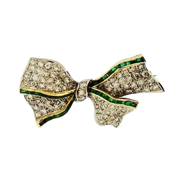 Antique Diamond and Emerald Bow Brooch