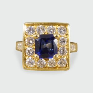 Vintage French Sapphire and Diamond Square Faced Ring