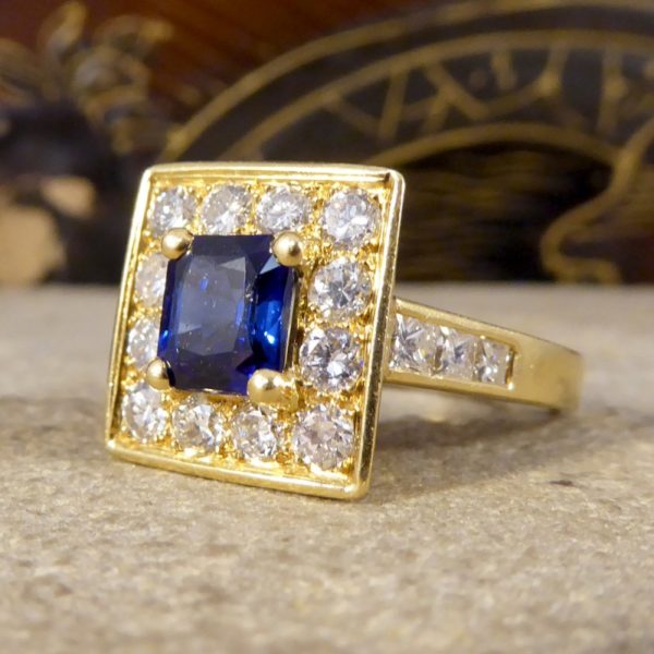 Vintage French Sapphire and Diamond Square Faced Ring