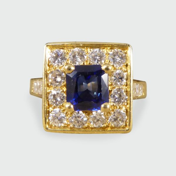 Vintage French Sapphire and Diamond Square Faced Ring