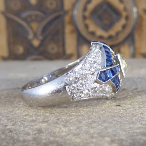 Lemon Tinted Diamond and French Cut Sapphire Cross Ring