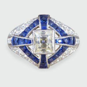 Lemon Tinted Diamond and French Cut Sapphire Cross Ring