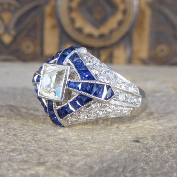Lemon Tinted Diamond and French Cut Sapphire Cross Ring