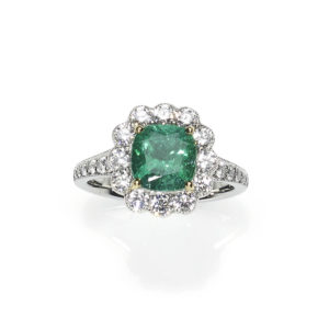 Cushion Cut Emerald and Diamond Cluster Ring