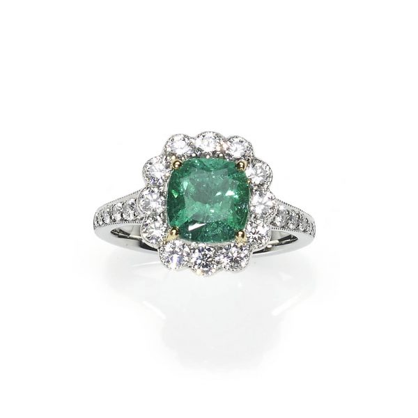 Cushion Cut Emerald and Diamond Cluster Ring - Jewellery Discovery