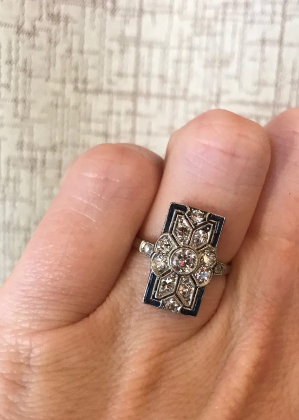Art Deco antique ring sapphire diamond long shape rectangular