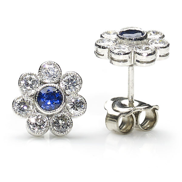 Sapphire and diamond cluster earrings flower style