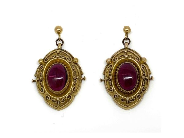 Antique Victorian Etruscan Style Garnet and Gold Drop Earrings