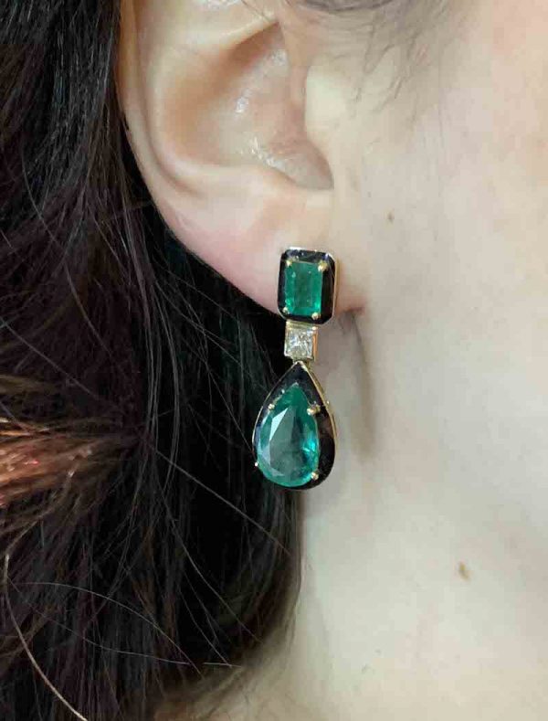 Emerald, Diamond and Black Enamel Pendant Earrings