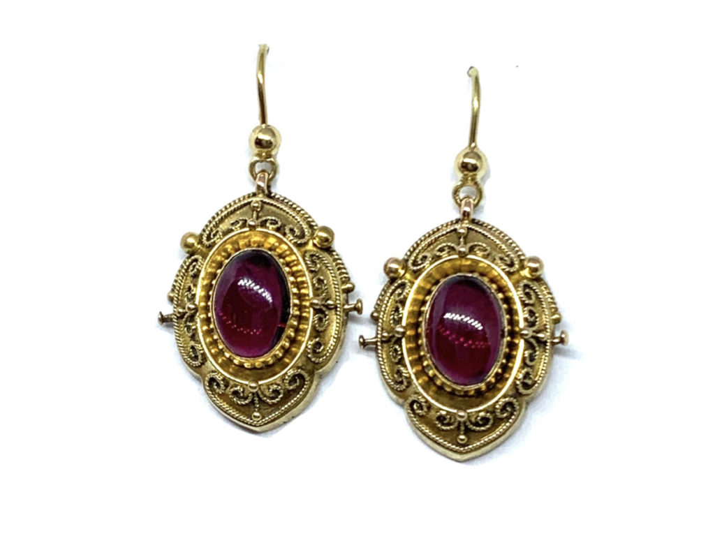 Antique Victorian Etruscan Style Garnet and Gold Drop Earrings