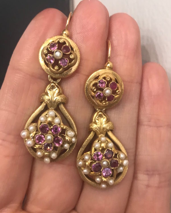 Antique pearl garnet gold drop earrings