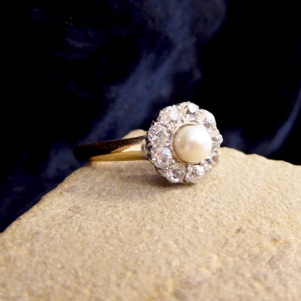 Antique Edwardian Diamond and Pearl Cluster Ring