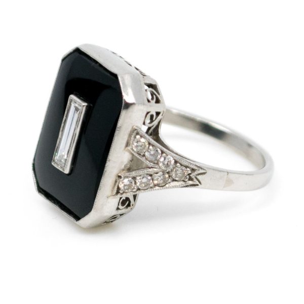 Antique Art Deco Onyx and Baguette Cut Diamond Ring