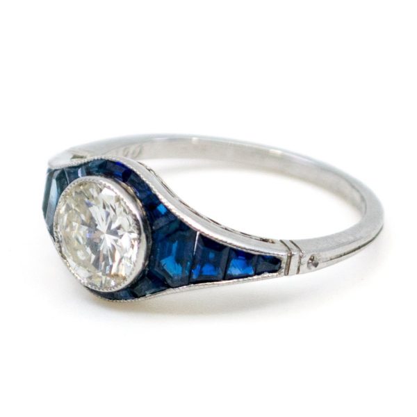Vintage Sapphire and Old European Cut Diamond Ring, Platinum