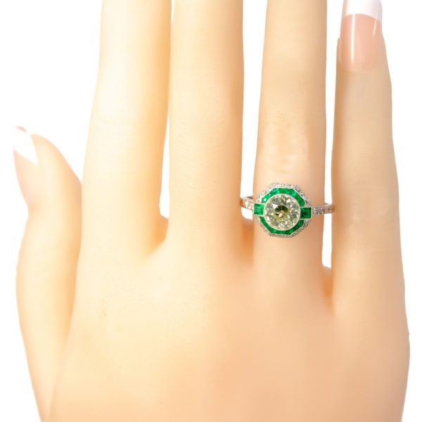 Vintage Emerald and Diamond Target Ring, Platinum