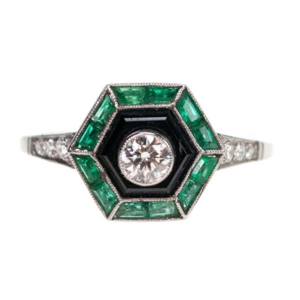Vintage Emerald Diamond and Onyx Target Ring, Platinum