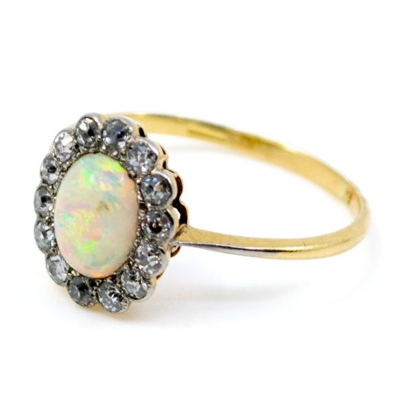 Antique Victorian Opal and Old Mine Cut Diamond Cluster Ring